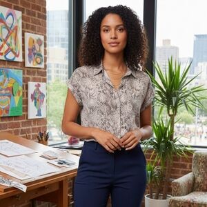 LOFT Snakeskin Animal Print Short Sleeve Button Down Blouse Size M Soft Pink